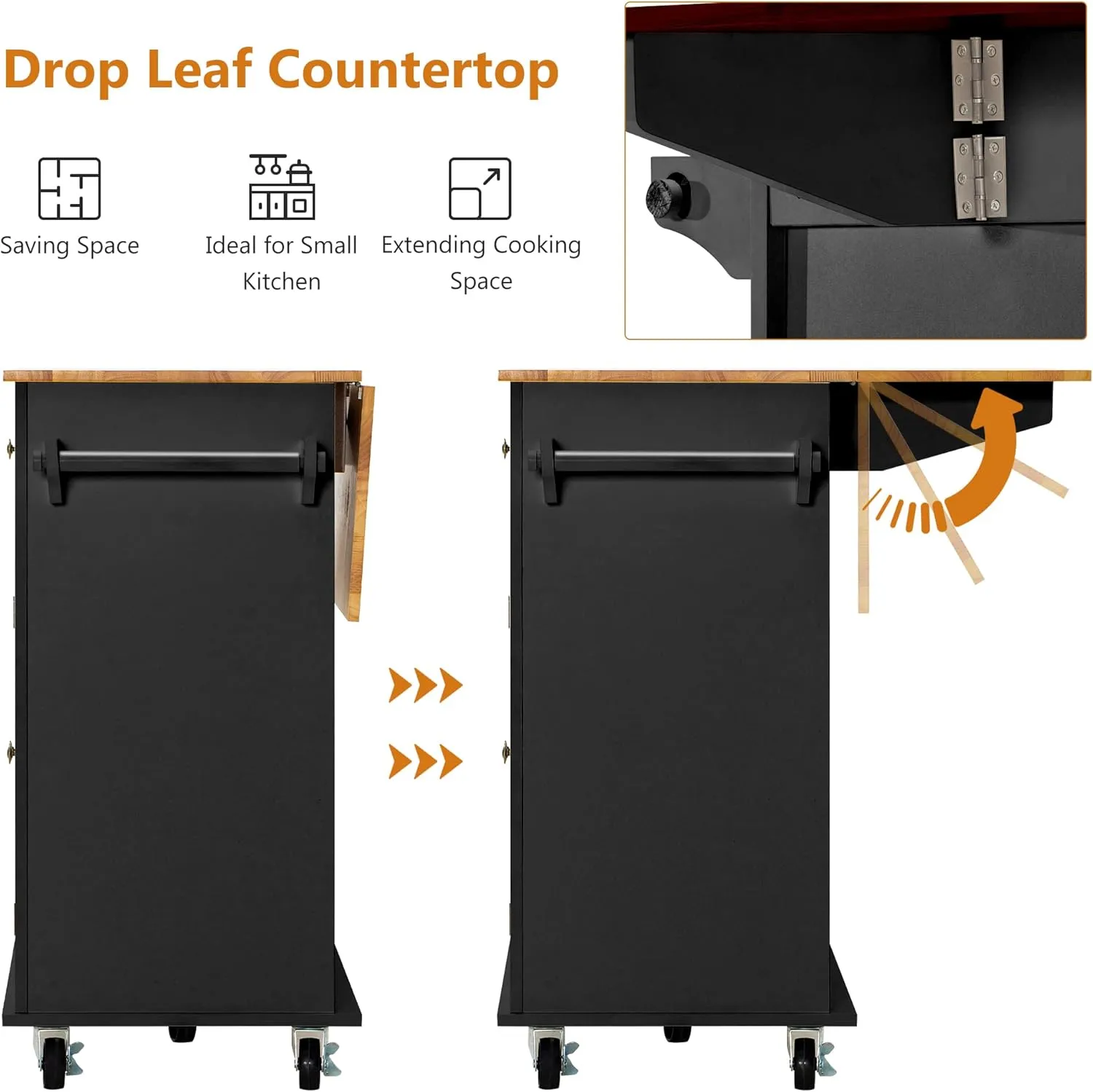 Kitchen Cart with Wood Top and Drop Leaf Breakfast Bar, Rolling Mobile Kitchen Island Table on Wheels with Drawer and Storage Cabinet, Spice Rack, Towel Rack, Black
