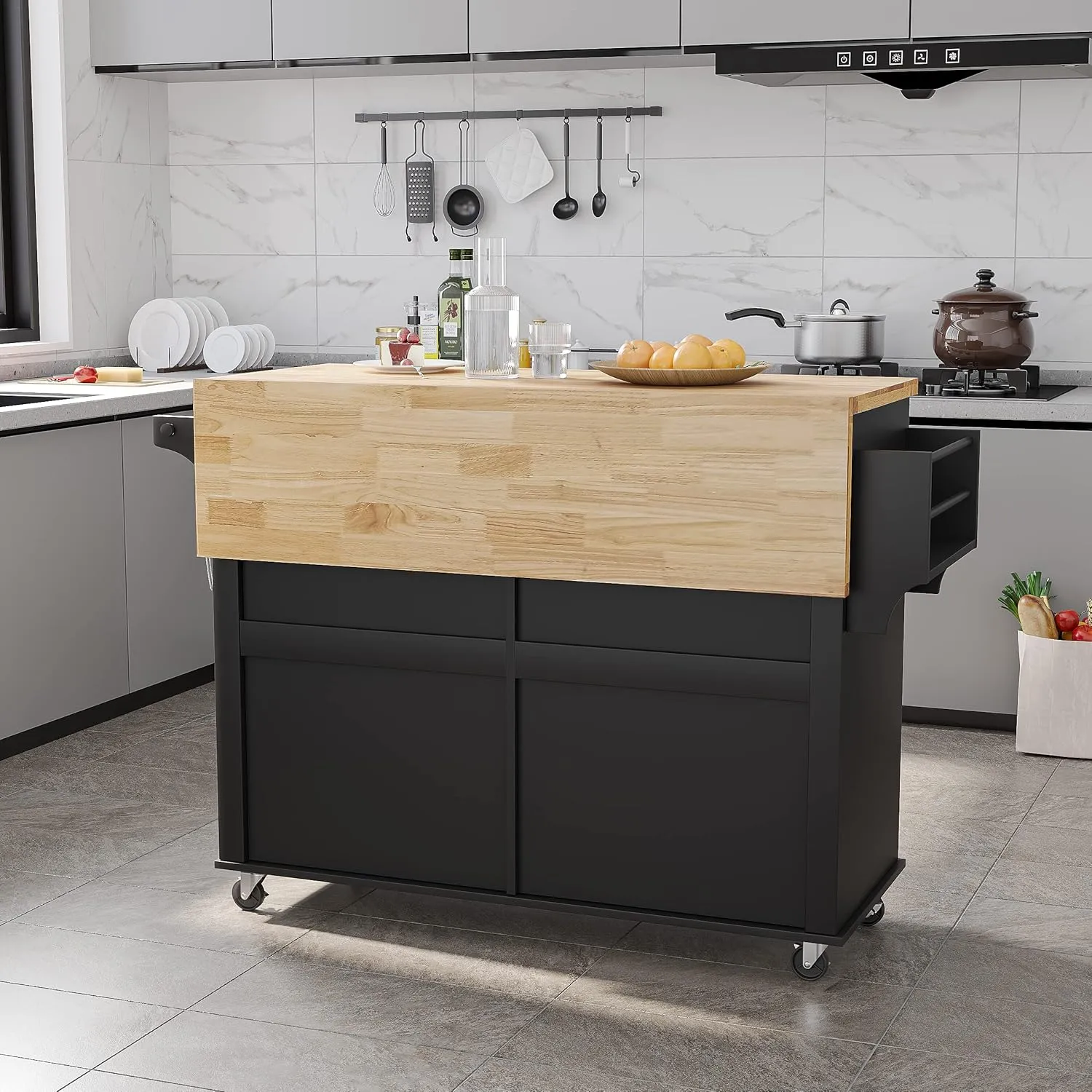 Kitchen Cart with Wood Top and Drop Leaf Breakfast Bar, Rolling Mobile Kitchen Island Table on Wheels with Drawer and Storage Cabinet, Spice Rack, Towel Rack, Black