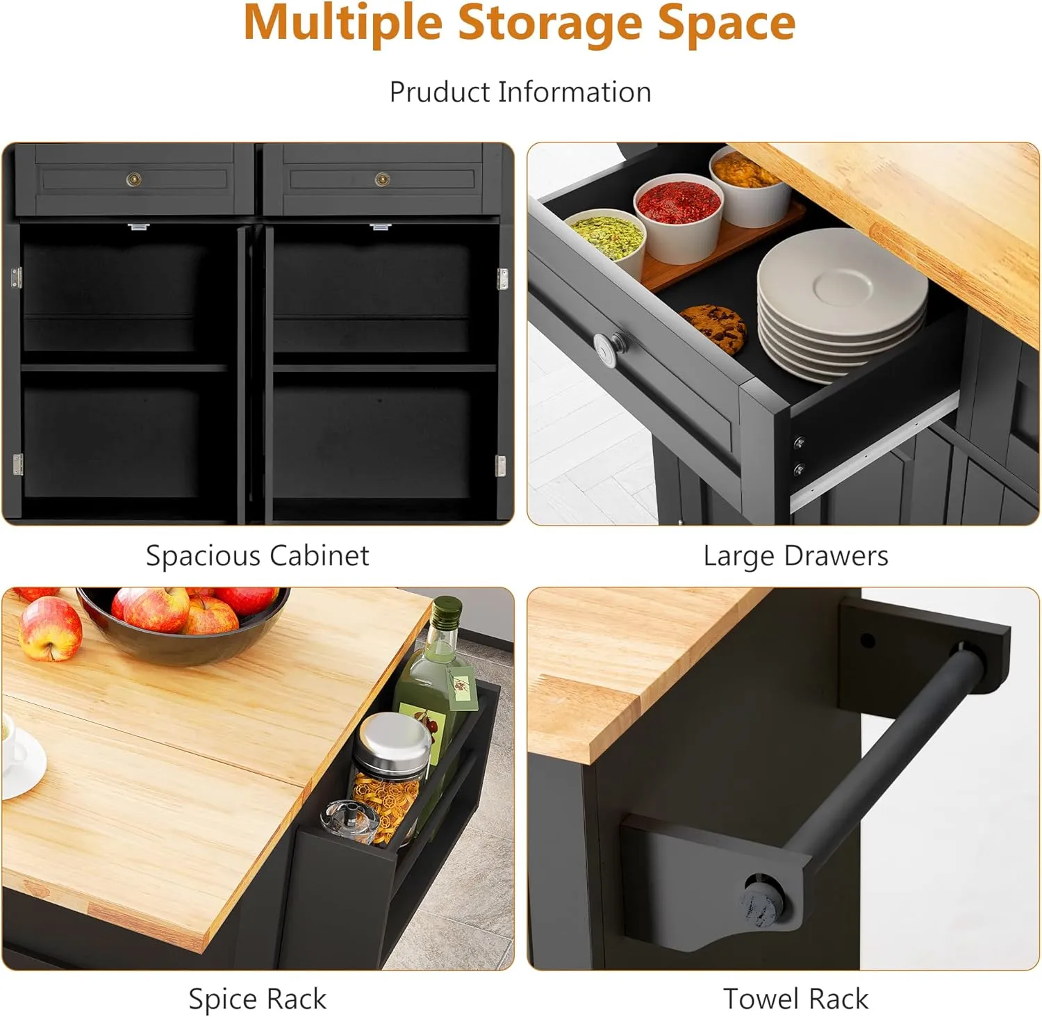 Kitchen Cart with Wood Top and Drop Leaf Breakfast Bar, Rolling Mobile Kitchen Island Table on Wheels with Drawer and Storage Cabinet, Spice Rack, Towel Rack, Black