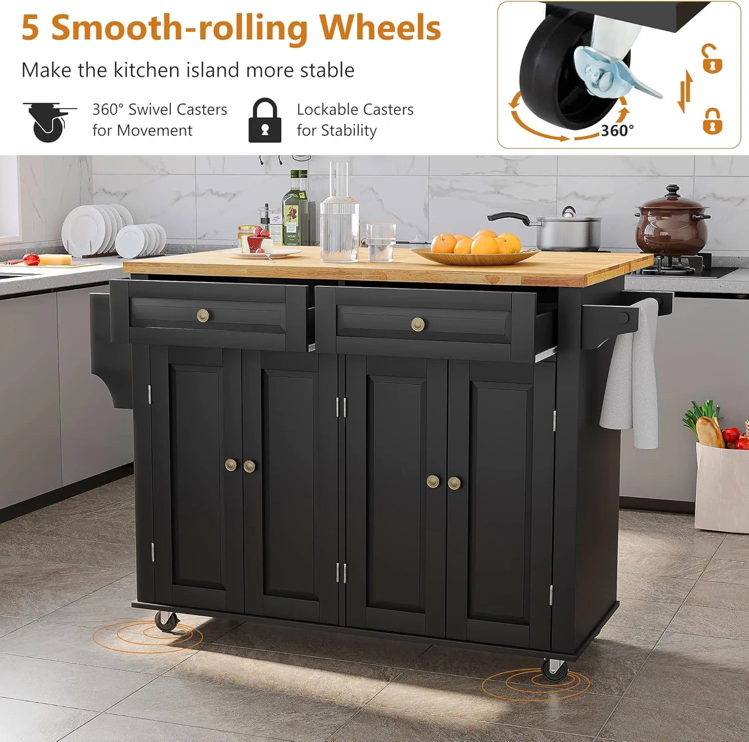 Kitchen Cart with Wood Top and Drop Leaf Breakfast Bar, Rolling Mobile Kitchen Island Table on Wheels with Drawer and Storage Cabinet, Spice Rack, Towel Rack, Black