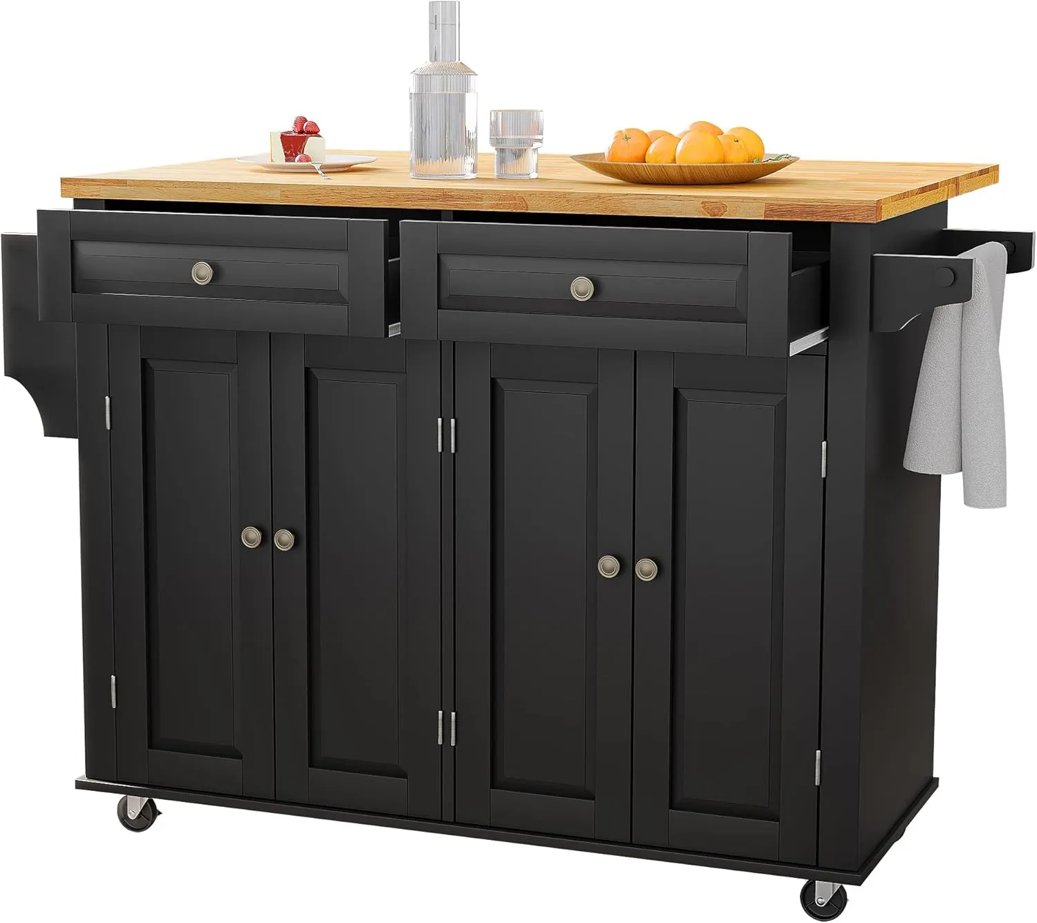 Kitchen Cart with Wood Top and Drop Leaf Breakfast Bar, Rolling Mobile Kitchen Island Table on Wheels with Drawer and Storage Cabinet, Spice Rack, Towel Rack, Black