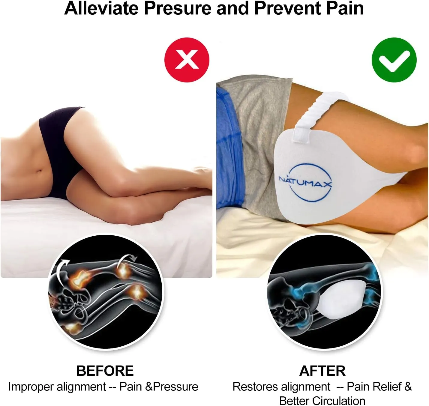 Knee Pillow for Side Sleepers - Sciatica Pain Relief - Back Pain, Leg Pain, Pregnancy, Hip and Joint Pain Memory Foam Leg Pillow   Free Sleep Mask and Ear Plugs - White