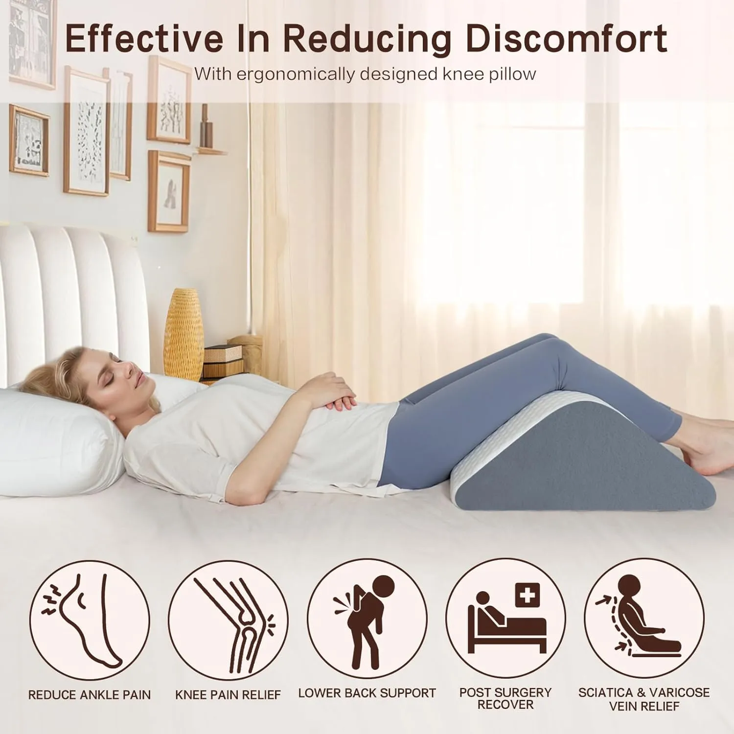 Knee Wedge Pillow for Back Sleeping, Leg Elevation for Post Surgery Recovery, 8" Triangle Leg Pillow with Removable Cover for Knee Support, Hip Back Pain Relief,Enhance Circulation, Blue