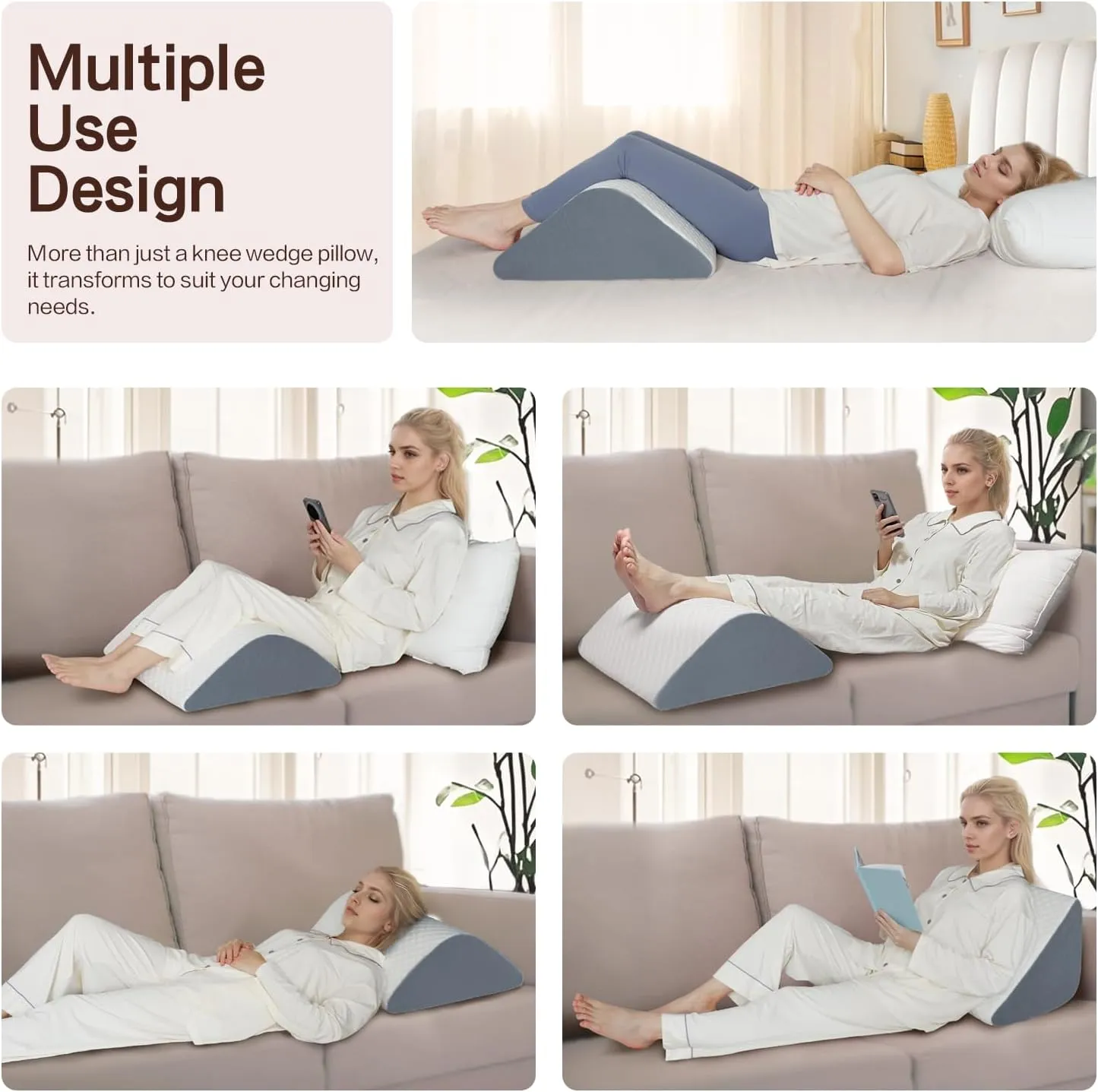 Knee Wedge Pillow for Back Sleeping, Leg Elevation for Post Surgery Recovery, 8" Triangle Leg Pillow with Removable Cover for Knee Support, Hip Back Pain Relief,Enhance Circulation, Blue