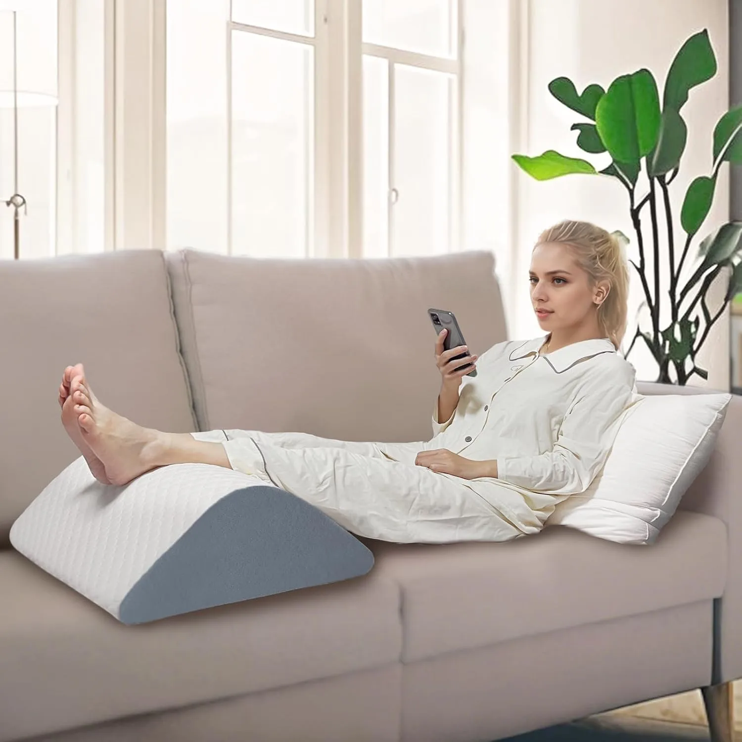Knee Wedge Pillow for Back Sleeping, Leg Elevation for Post Surgery Recovery, 8" Triangle Leg Pillow with Removable Cover for Knee Support, Hip Back Pain Relief,Enhance Circulation, Blue