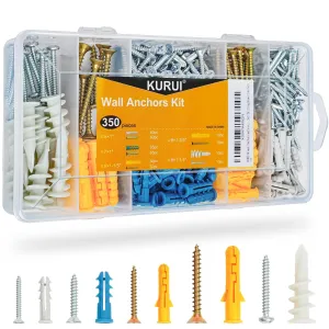 KURUI Drywall Anchors Kit for Sheetrock Concrete Brick 350PCS, 175 Dry Wall Anchors and 175 Flat Head Screws, 5 Sizes Picture Hangers Assortment Set, Picture Hanging Anchors for Frame Curtain Rod Art