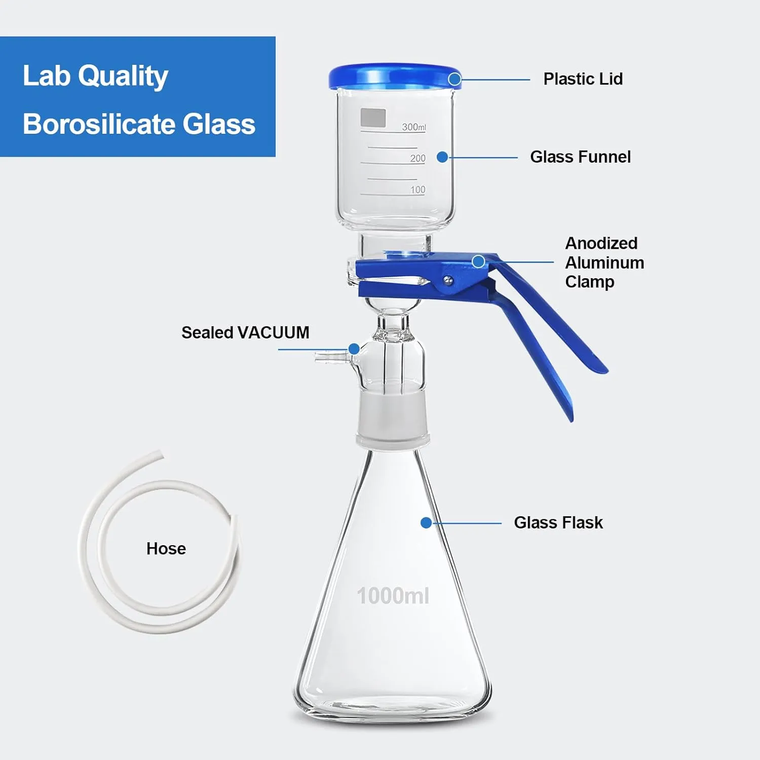 Lab Vacuum Filtration Distillation Apparatus, Borosilicate Glass Vacuum Filtration Assembly Filter Set with 1000ML Filtering Flask, 300ml Graduated Funnel and A Rubber Tube