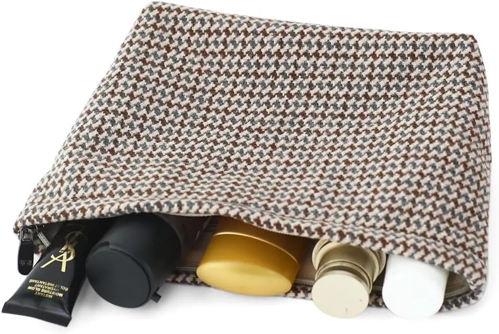 Large Capacity Plaid Tweed Makeup Bag - Travel Cosmetic Pouch & Toiletry Organizer with Zipper, Cloth Make Up Organizer for Daily Use, Gift for Women