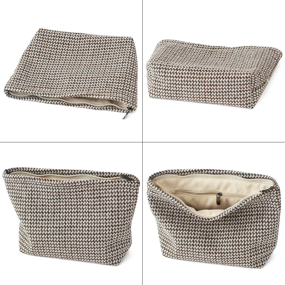 Large Capacity Plaid Tweed Makeup Bag - Travel Cosmetic Pouch & Toiletry Organizer with Zipper, Cloth Make Up Organizer for Daily Use, Gift for Women