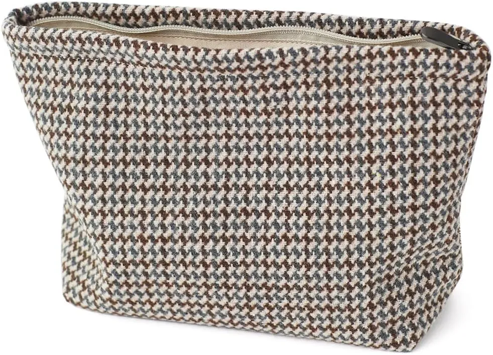 Large Capacity Plaid Tweed Makeup Bag - Travel Cosmetic Pouch & Toiletry Organizer with Zipper, Cloth Make Up Organizer for Daily Use, Gift for Women