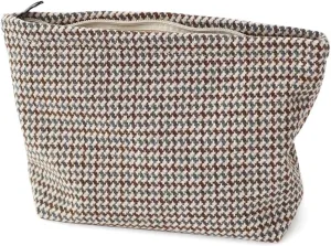 Large Capacity Plaid Tweed Makeup Bag - Travel Cosmetic Pouch & Toiletry Organizer with Zipper, Cloth Make Up Organizer for Daily Use, Gift for Women