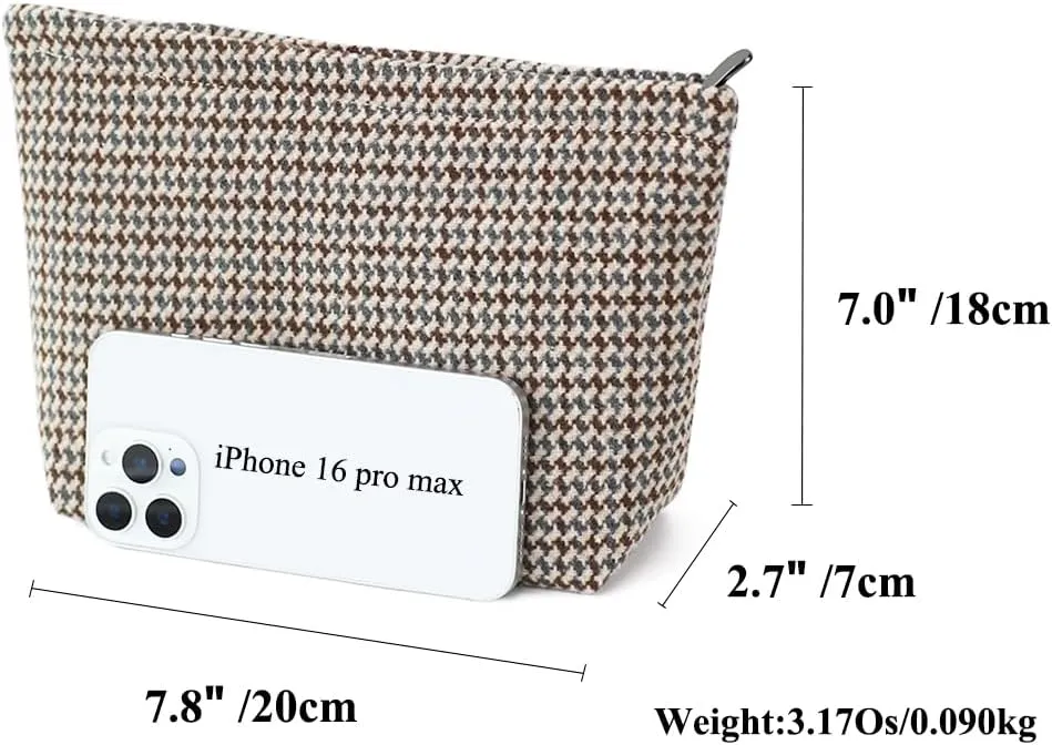 Large Capacity Plaid Tweed Makeup Bag - Travel Cosmetic Pouch & Toiletry Organizer with Zipper, Cloth Make Up Organizer for Daily Use, Gift for Women