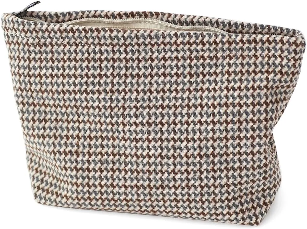 Large Capacity Plaid Tweed Makeup Bag - Travel Cosmetic Pouch & Toiletry Organizer with Zipper, Cloth Make Up Organizer for Daily Use, Gift for Women
