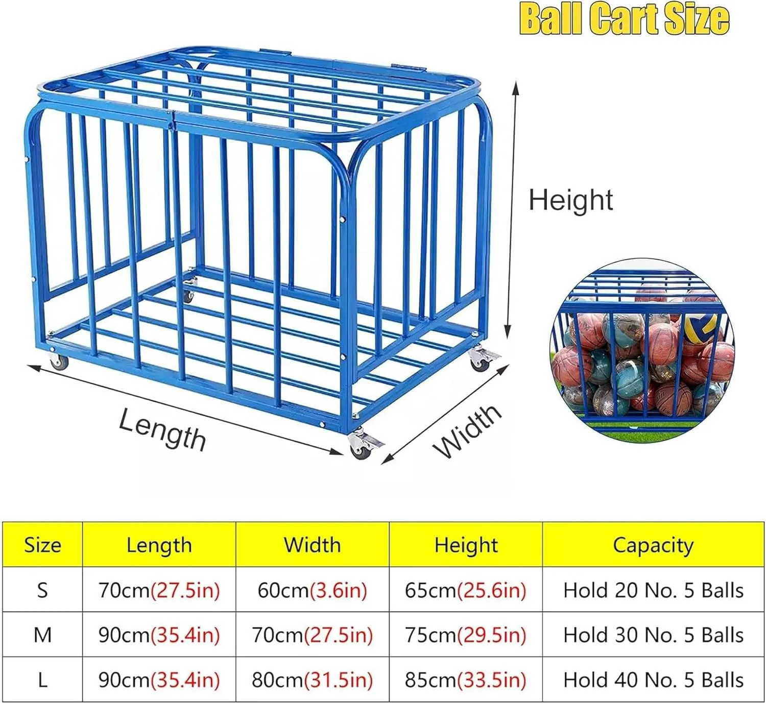 Large Capacity Rolling Ball Cage Sports Equipment Organizer, Outdoor School Ball Cart Storage with Lockable Wheels, Volleyball Soccer Basketball Rack with Lid~/