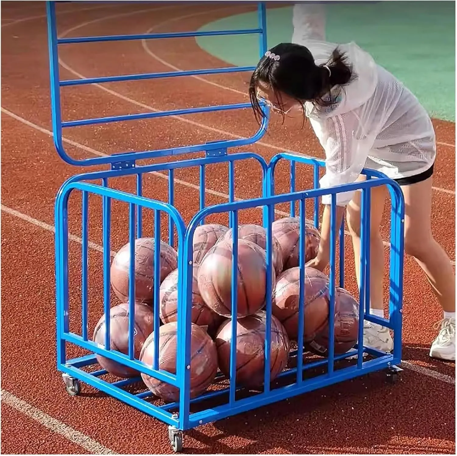 Large Capacity Rolling Ball Cage Sports Equipment Organizer, Outdoor School Ball Cart Storage with Lockable Wheels, Volleyball Soccer Basketball Rack with Lid~/