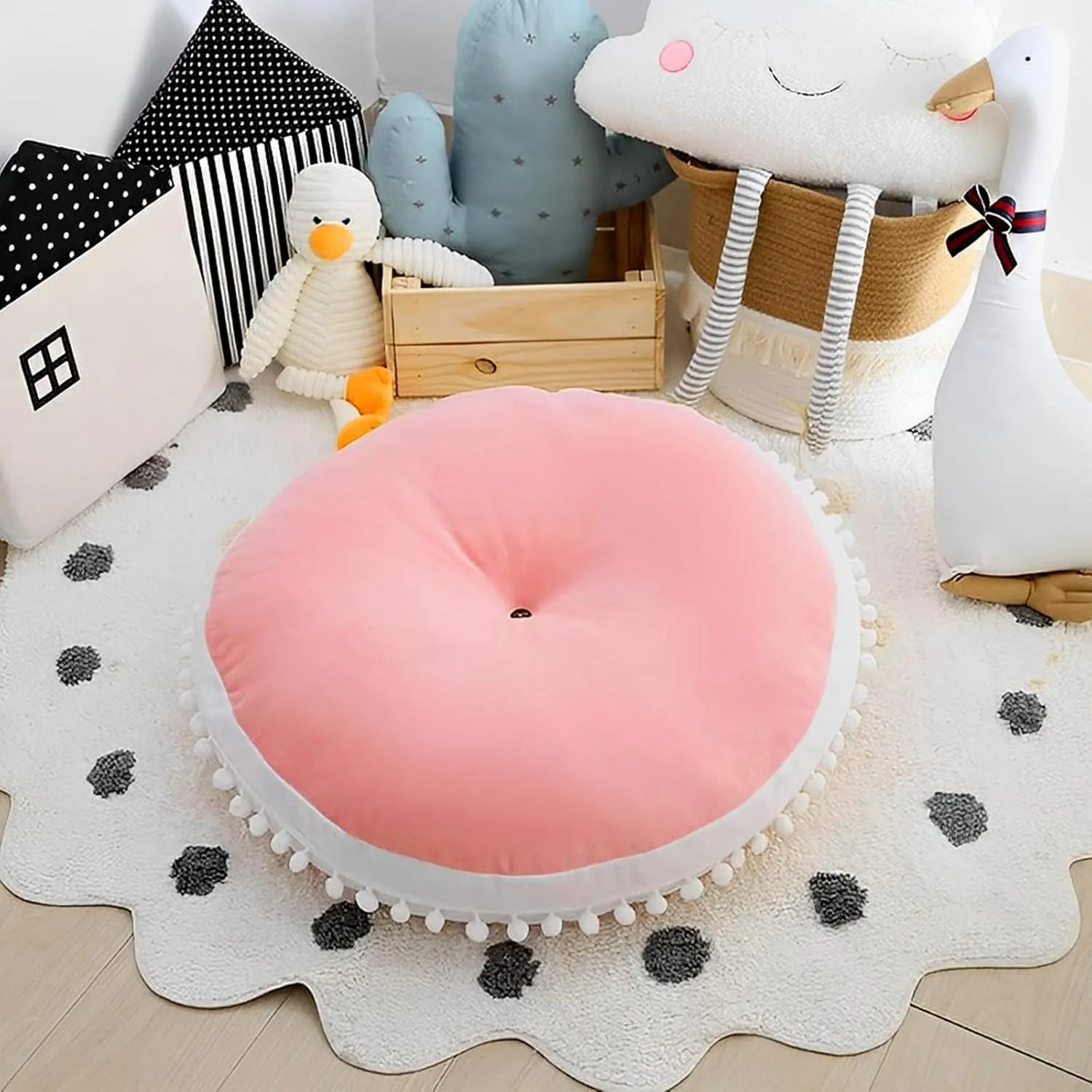 Large Floor Pillow Kids Round Floor Cushion Seating, 35 inches Big Circle Pillow, Round Pillows Seating for Children, Oversized Mat for Reading Nook Teepee Playroom Nursery Canopy Pink