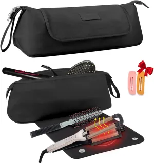 Large Hair Tools Travel Bag with Heat Resistant Mat for Straighteners, Curling Iron, Haircare Accessories, Hair Styling Tools Bag with Silicone Mat (Black)