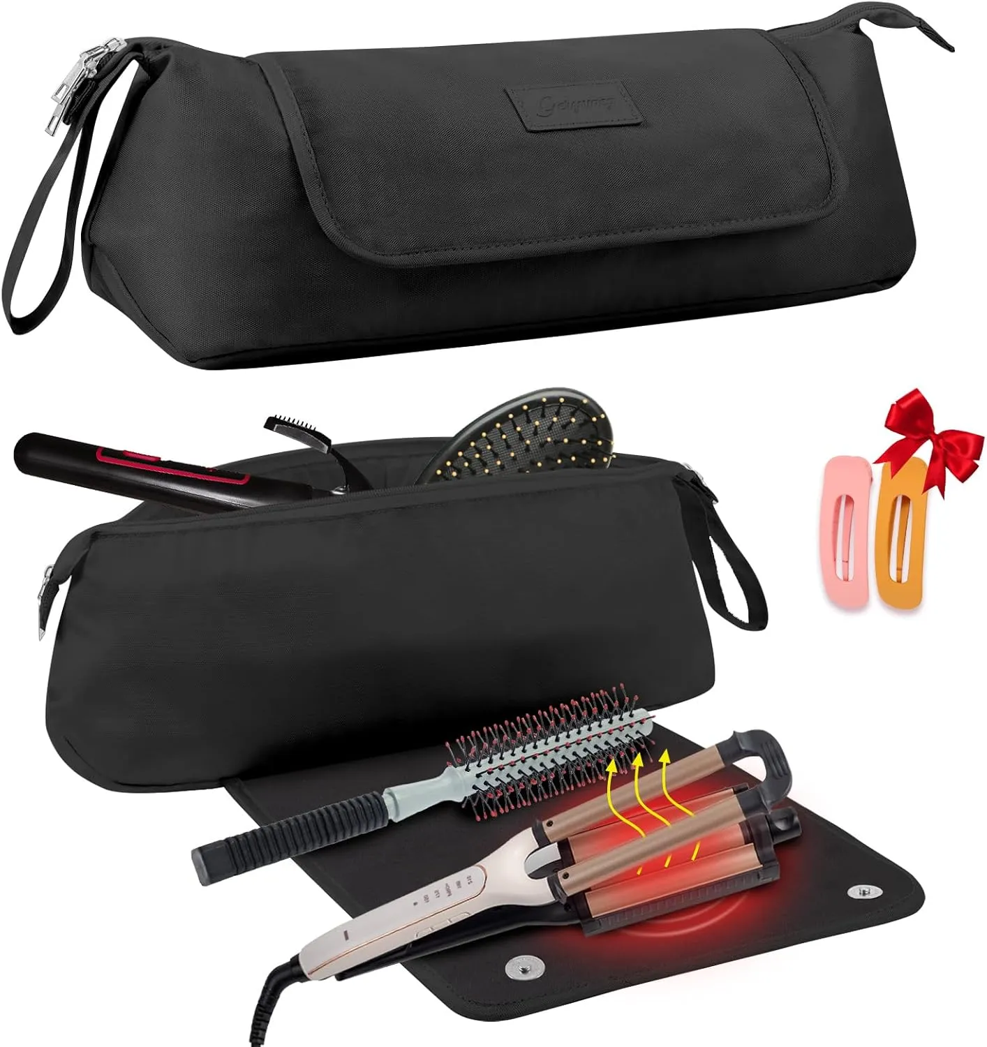 Large Hair Tools Travel Bag with Heat Resistant Mat for Straighteners, Curling Iron, Haircare Accessories, Hair Styling Tools Bag with Silicone Mat (Black)
