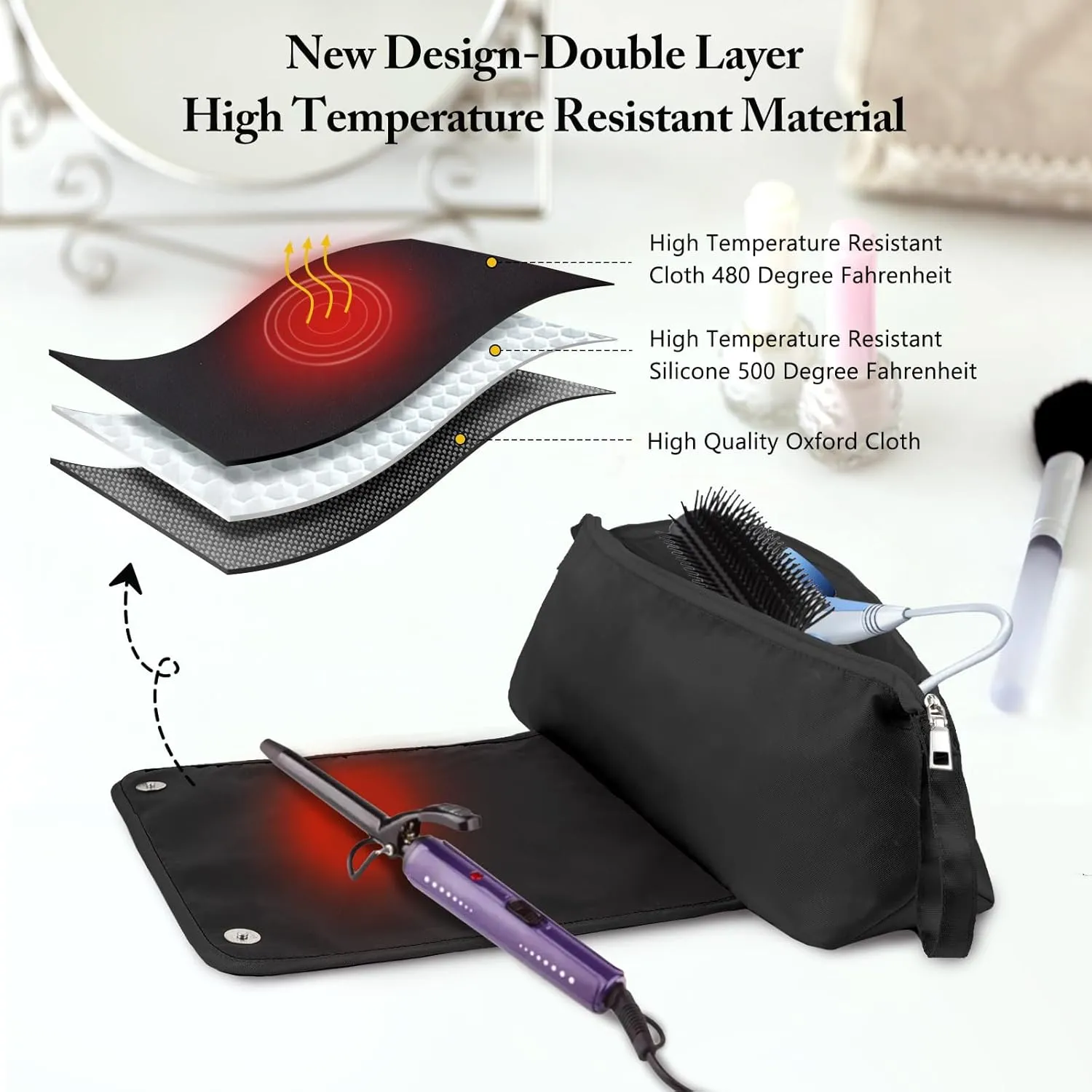 Large Hair Tools Travel Bag with Heat Resistant Mat for Straighteners, Curling Iron, Haircare Accessories, Hair Styling Tools Bag with Silicone Mat (Black)
