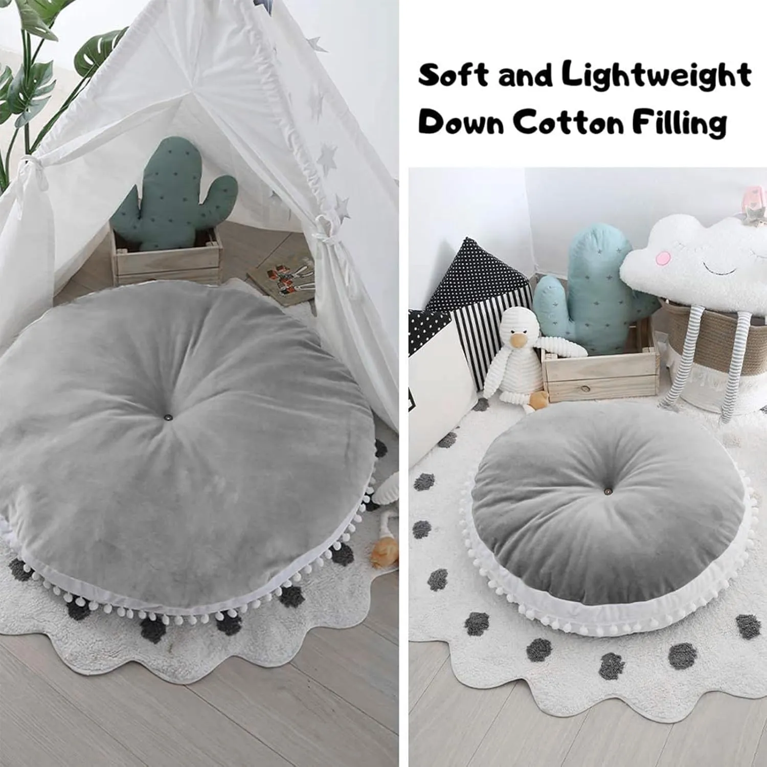 Large Kids Floor Cushion Seating, Circle Kids Floor Pillow for Children, Round Playroom Pillows Reading Nook Big Pillow, Oversized Pillow Mat for Kid Seating Teepee Nursery Canopy, Grey