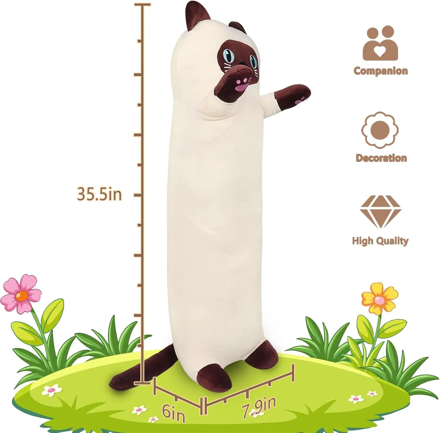 Large Siamese Cat Plush,35.5" Cute Plushie Long Siamese Cat Stuffed Animal,Weighted Cat Plush Toy,Cuddly Sleeping Hugging Pillow, Giant Body Pillow,Cat Plushy Gift at Birthday Kids Adults