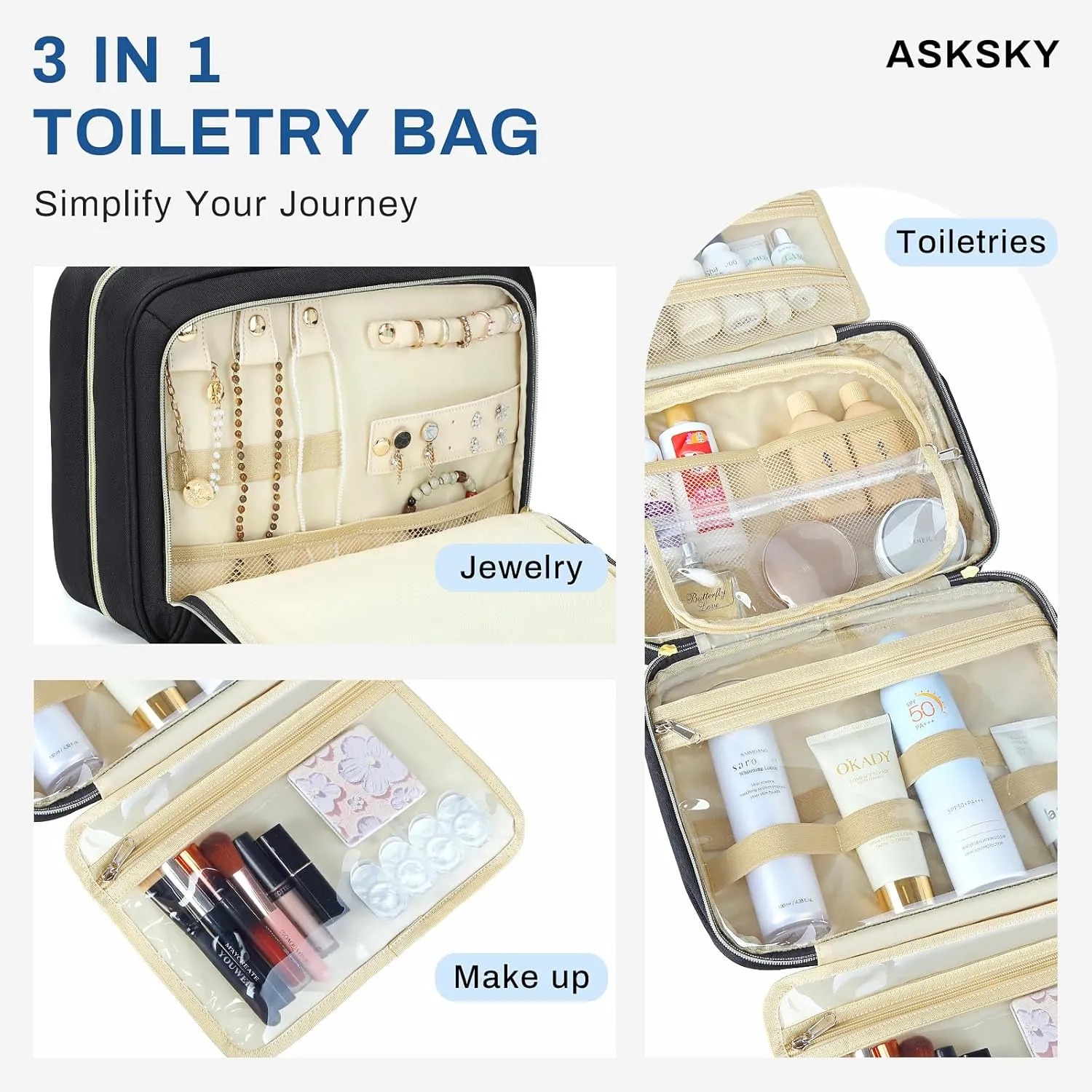 Large Travel Toiletry Bag for Women, Waterproof Hanging Toiletry Bags with Jewelry Organizer, Cosmetic Makeup Bag Organizer, Full-size Container, Travel Essentials Accessories, Shampoo, Black