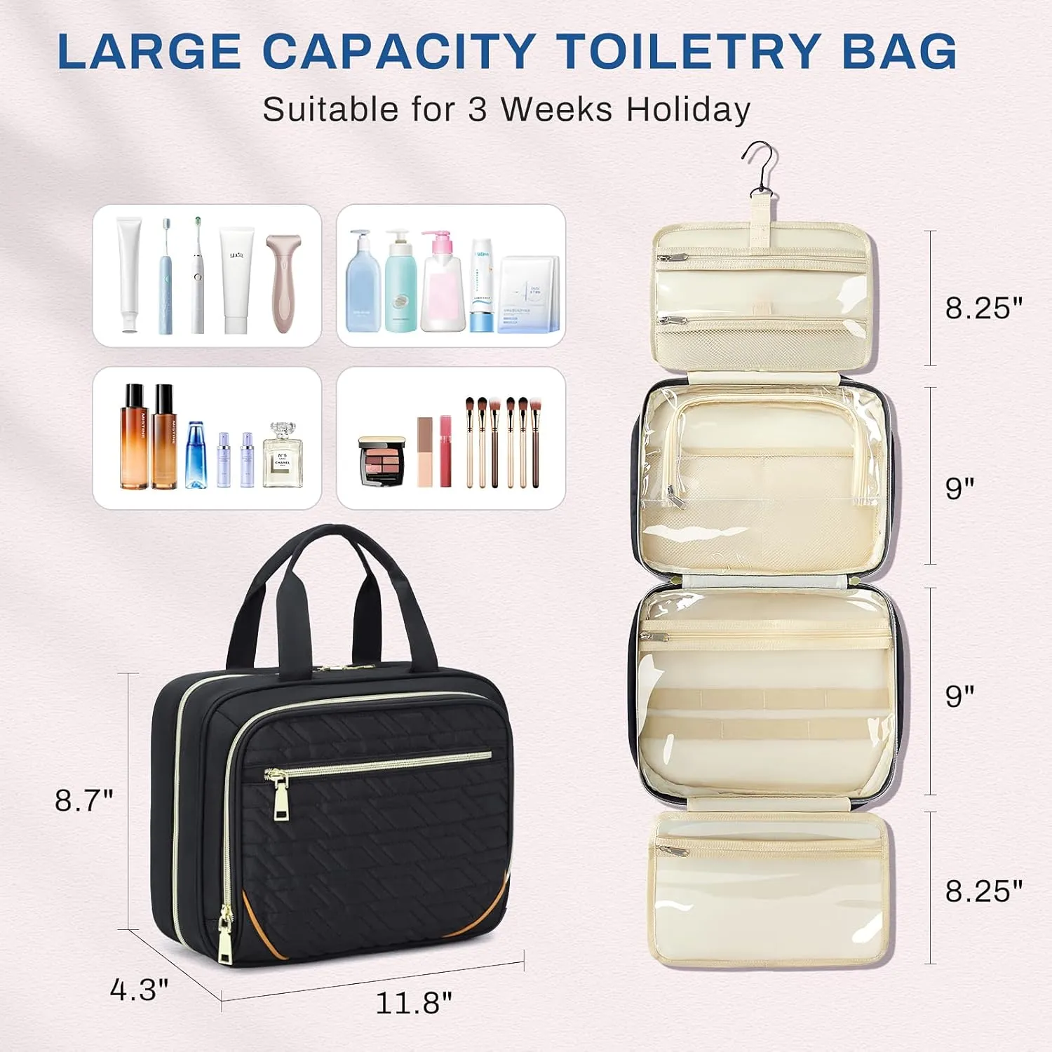 Large Travel Toiletry Bag for Women, Waterproof Hanging Toiletry Bags with Jewelry Organizer, Cosmetic Makeup Bag Organizer, Full-size Container, Travel Essentials Accessories, Shampoo, Black
