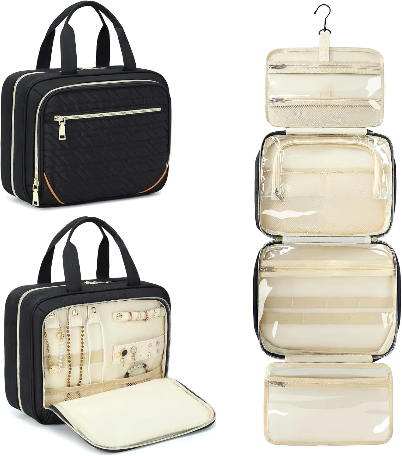 Large Travel Toiletry Bag for Women, Waterproof Hanging Toiletry Bags with Jewelry Organizer, Cosmetic Makeup Bag Organizer, Full-size Container, Travel Essentials Accessories, Shampoo, Black