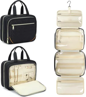 Large Travel Toiletry Bag for Women, Waterproof Hanging Toiletry Bags with Jewelry Organizer, Cosmetic Makeup Bag Organizer, Full-size Container, Travel Essentials Accessories, Shampoo, Black