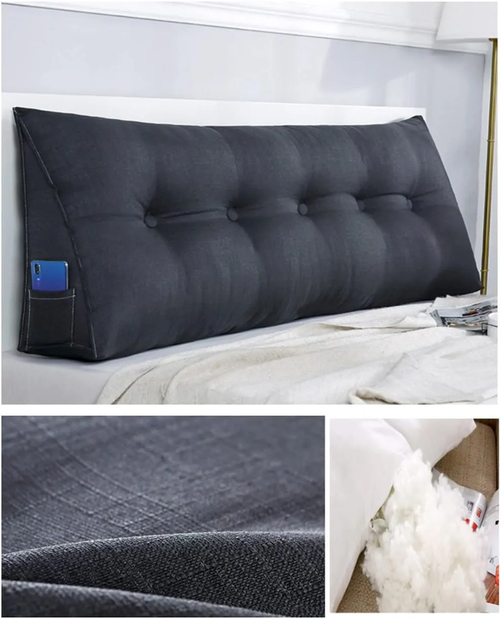 Large Triangular Wedge Headboard Pillow Soft Cotton Linen Backrest Pillows for Sitting in Bed Bed Back Positioning Support Daybed Reading Pillows with Removable Cover,Black,Twin/39inch/100cm