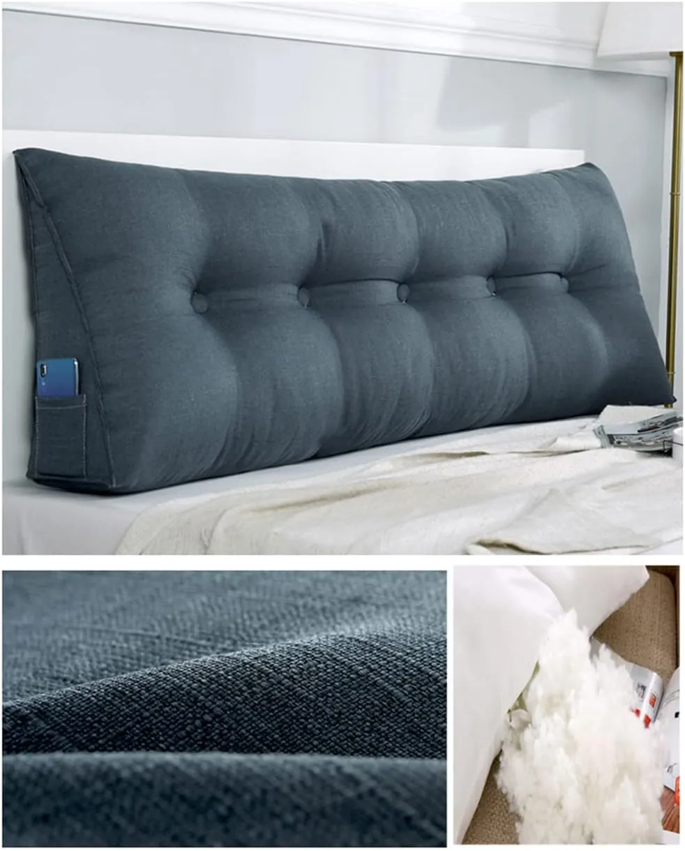 Large Triangular Wedge Headboard Pillow Soft Cotton Linen Backrest Pillows for Sitting in Bed Bed Back Positioning Support Daybed Reading Pillows with Removable Cover,Blue,Twin/39inch/100cm