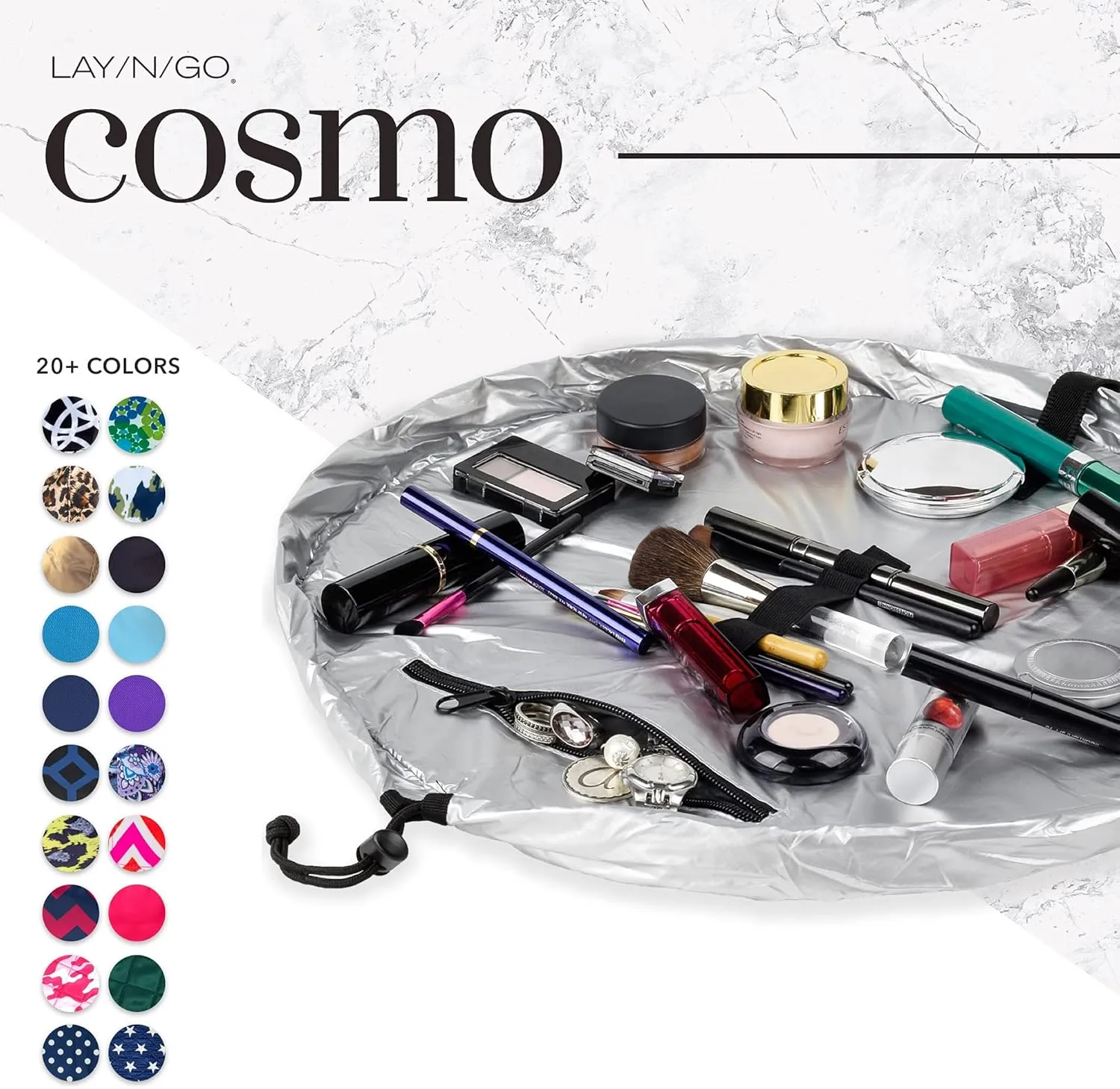 Lay-n-Go Cosmo Drawstring Cosmetic & Makeup Bag Organizer - Portable Drawstring Makeup Bag w/Zipper Pocket, Makeup Loops & More -Durable, Machine Washable Toiletry Bag (20", Metallic Silver)