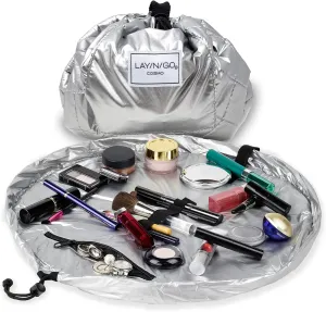 Lay-n-Go Cosmo Drawstring Cosmetic & Makeup Bag Organizer - Portable Drawstring Makeup Bag w/Zipper Pocket, Makeup Loops & More -Durable, Machine Washable Toiletry Bag (20", Metallic Silver)