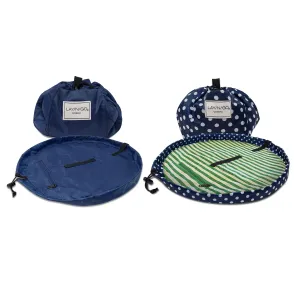 Lay-n-Go Cosmo Drawstring Cosmetic Bag Organizer - Portable Drawstring Makeup Bag w/Zipper Pocket, Loops & More - Machine Washable Makeup Bag for Travel (20", Navy/Green Dot Stripe   Navy)