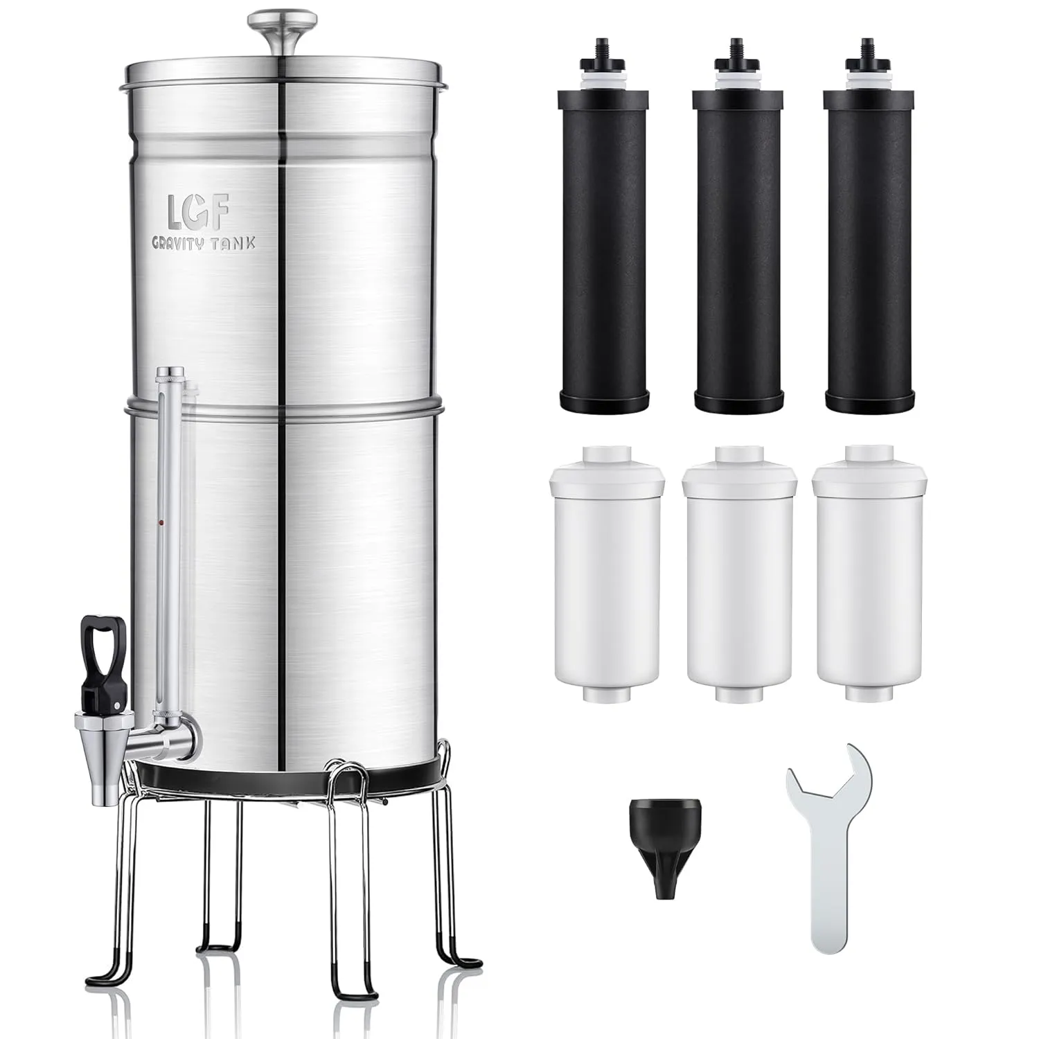 LCF 𝐒𝐢𝐥𝐯𝐞𝐫 𝐈𝐨𝐧𝐬 Enhanced Gravity-fed Water Filter System, NSF/ANSI 42&372 Standard, Reduces 99% Chlorine, Fluoride & Contaminants - Includes 6 Filters, Water Level Spigot & Stand, 3 Gallon