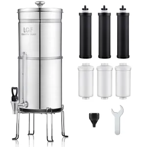 LCF 𝐒𝐢𝐥𝐯𝐞𝐫 𝐈𝐨𝐧𝐬 Enhanced Gravity-fed Water Filter System, NSF/ANSI 42&372 Standard, Reduces 99% Chlorine, Fluoride & Contaminants - Includes 6 Filters, Water Level Spigot & Stand, 3 Gallon