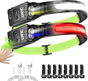 LED Rechargeable Headlamp,1200 Lumens,COB 230 ° Wide Beam,Reflective Adjustment Band, Motion Sensor Headlamp,6 Lighting Modes,Lightweight,Waterproof,Suitable for Camping,Outdoor,Work,Run,SOS,2 Pack