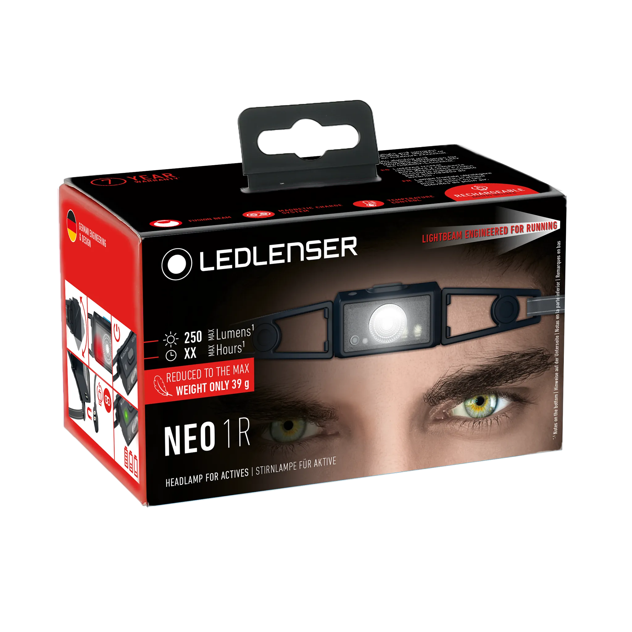 Ledlenser NEO1R 250lm Wide Beam 39gm Rechargeable Running Sports Red Safety Light Headlamp Blue