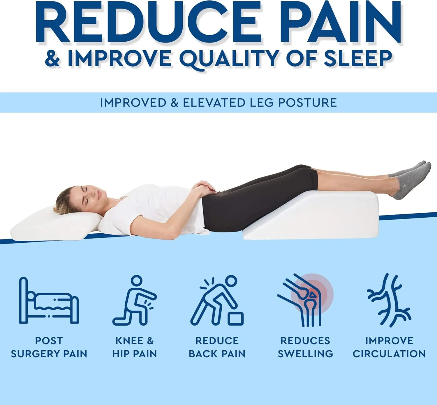 Leg Elevation Pillow for Sleeping - Wedge Pillows for After Surgery | Memory Foam Wedge Pillow for Legs | Relieves Foot and Ankle Injury, Leg, Hip, and Knee Pain, Improves Blood Circulation, 8 Inch