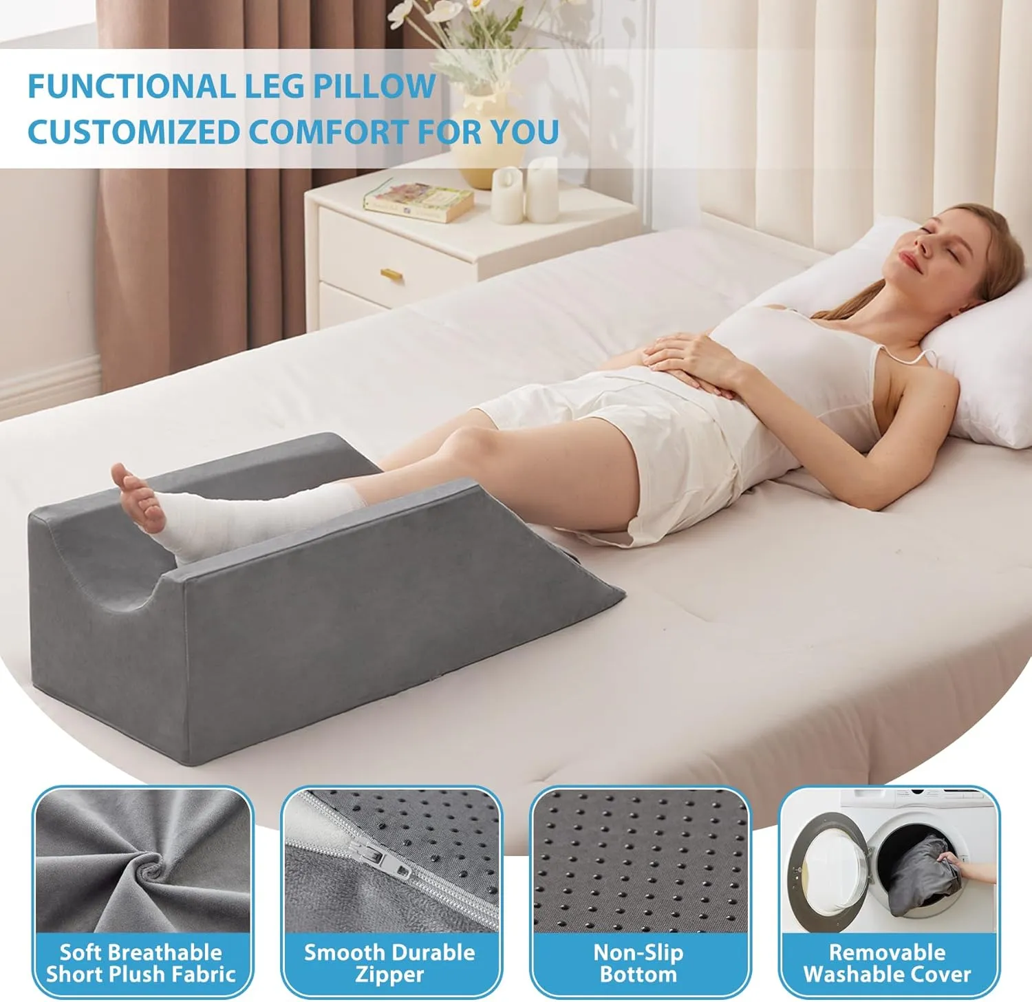 Leg Elevation Pillows for After Surgery, Injury or Rest, Memory Foam Leg Elevating Pillow, Leg Pillow Elevation Blood Circulation, Knee Pillow Wedge Pillow for Knee Hip Ankle Pain Relief, Grey