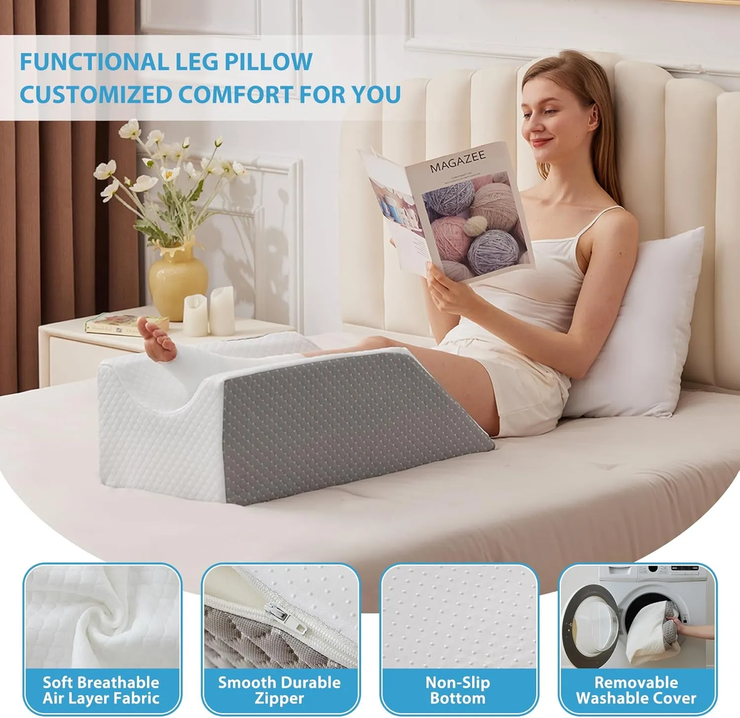 Leg Elevation Pillows for After Surgery, Injury or Rest, Memory Foam Leg Elevating Pillow, Leg Pillow Elevation Blood Circulation, Knee Pillow Wedge Pillow for Knee Hip Ankle Pain Relief, White/Grey