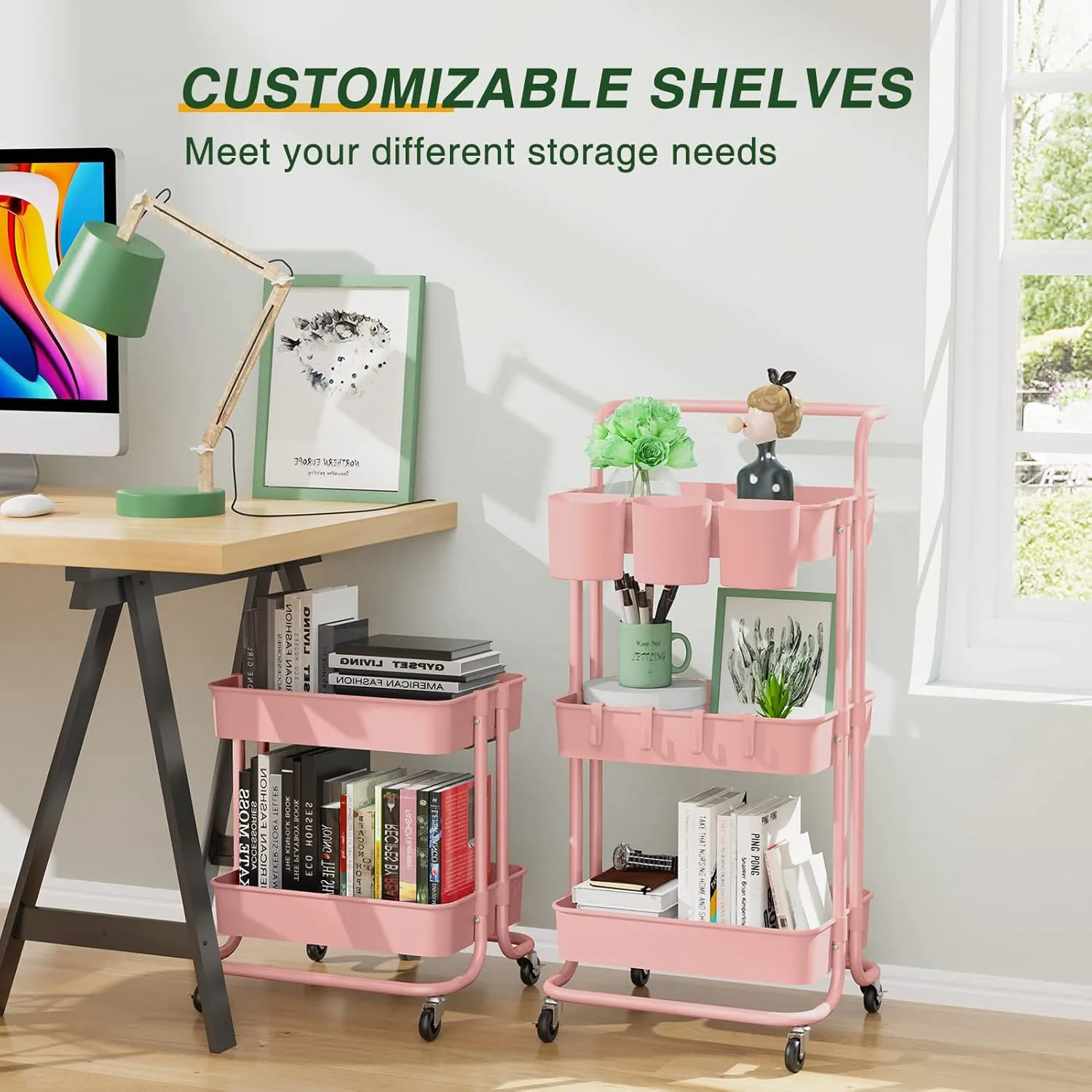 LEHOM 3-Tier Rolling Mobile Utility Cart with Hanging Cups & Hooks & Handle Multifunctional Organizer Storage Trolley Service Cart with Wheels Easy Assembly for Office, Bathroom, Kitchen (Pink)