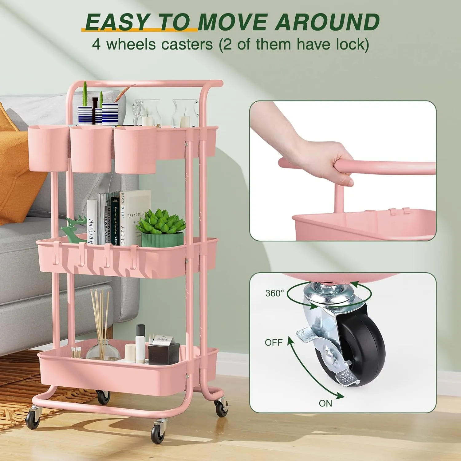 LEHOM 3-Tier Rolling Mobile Utility Cart with Hanging Cups & Hooks & Handle Multifunctional Organizer Storage Trolley Service Cart with Wheels Easy Assembly for Office, Bathroom, Kitchen (Pink)