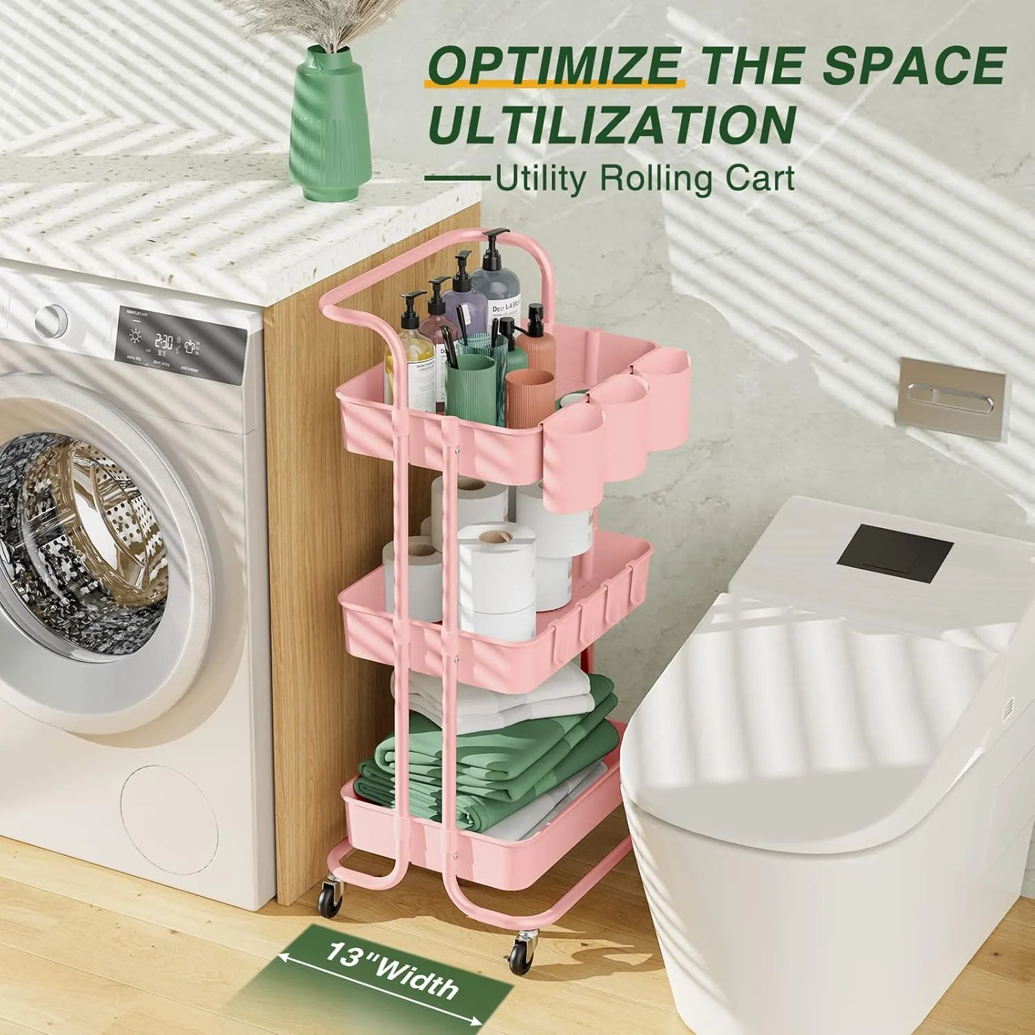 LEHOM 3-Tier Rolling Mobile Utility Cart with Hanging Cups & Hooks & Handle Multifunctional Organizer Storage Trolley Service Cart with Wheels Easy Assembly for Office, Bathroom, Kitchen (Pink)