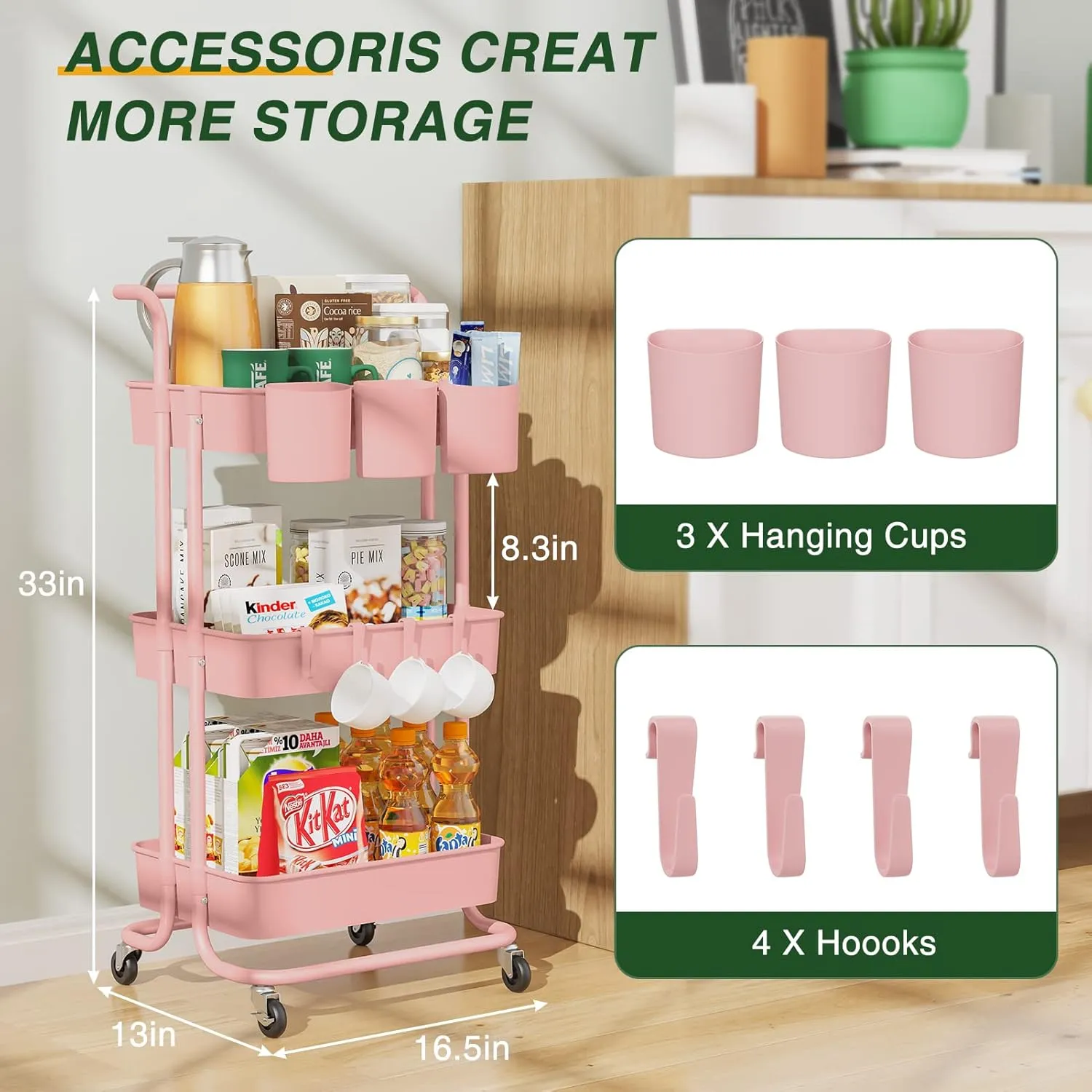 LEHOM 3-Tier Rolling Mobile Utility Cart with Hanging Cups & Hooks & Handle Multifunctional Organizer Storage Trolley Service Cart with Wheels Easy Assembly for Office, Bathroom, Kitchen (Pink)
