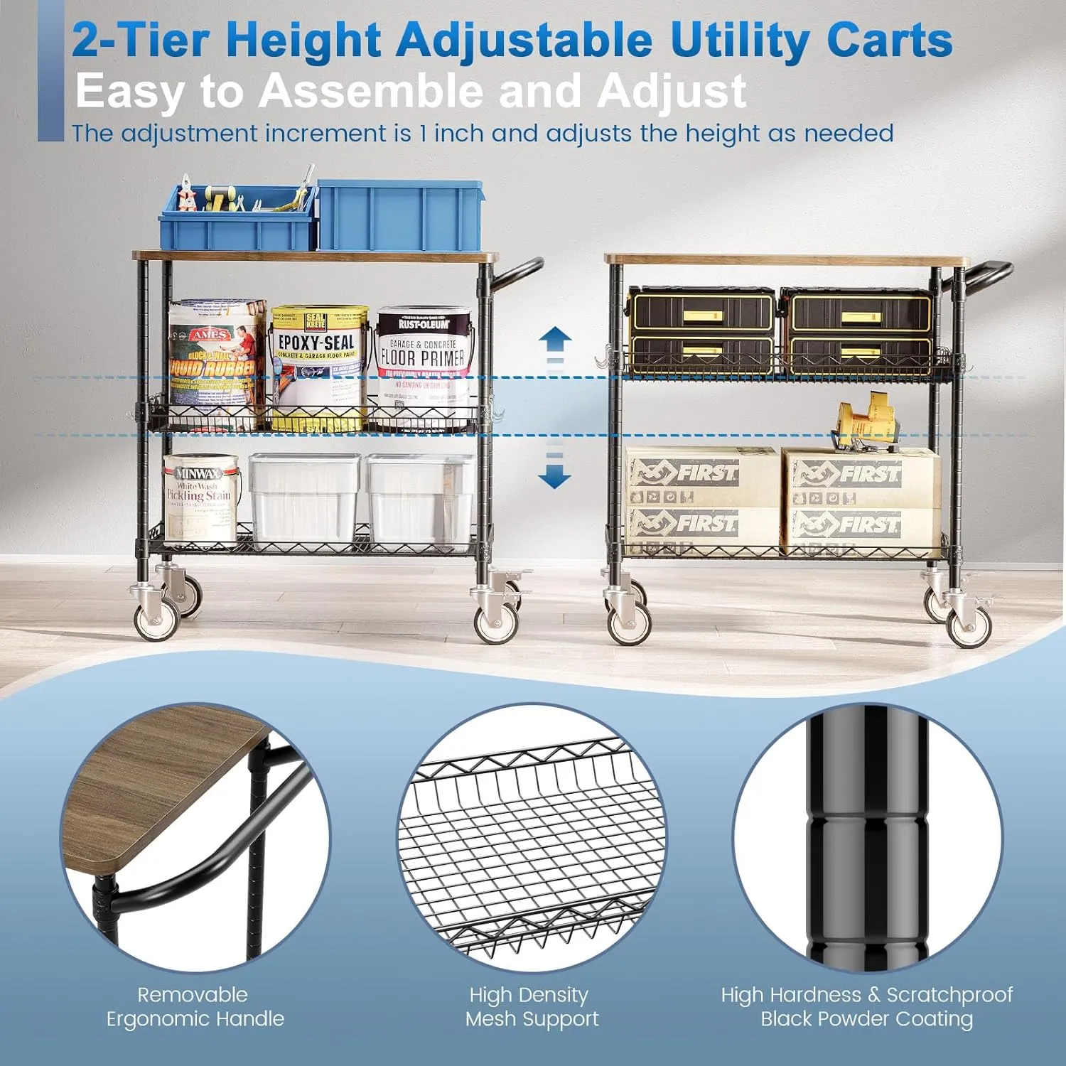 Leteuke Rolling Kitchen Carts with Wheels, 3 Tier Heavy Duty Rolling Utility Cart with Wood Tabletop, NSF Commercial Metal Cart with Handle and Shelf Liner,Trolley Serving Carts for Kitchen, Black