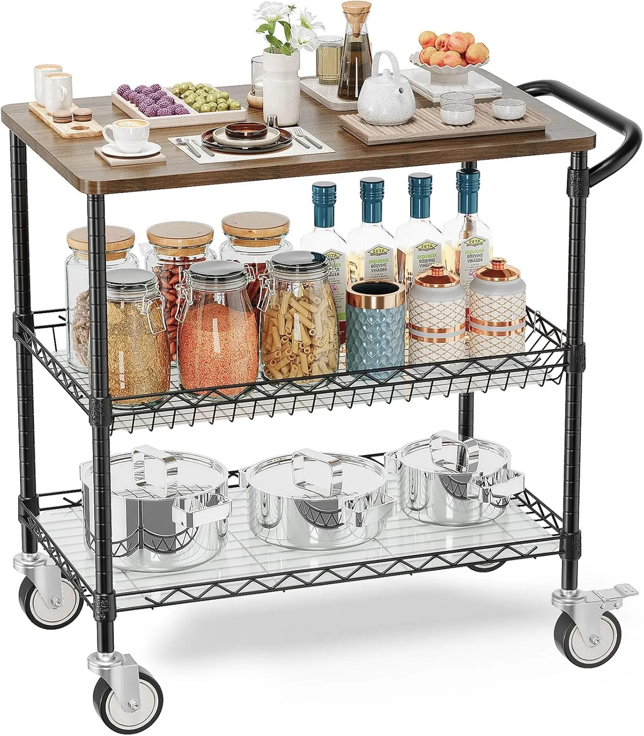 Leteuke Rolling Kitchen Carts with Wheels, 3 Tier Heavy Duty Rolling Utility Cart with Wood Tabletop, NSF Commercial Metal Cart with Handle and Shelf Liner,Trolley Serving Carts for Kitchen, Black