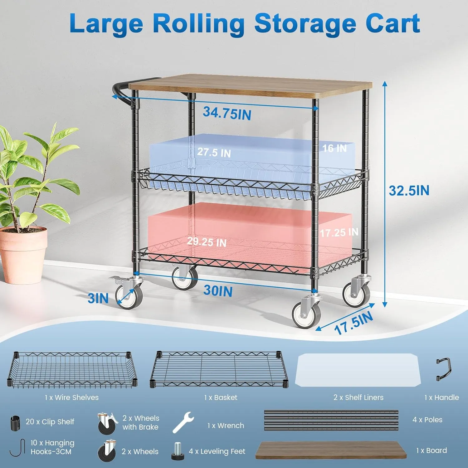 Leteuke Rolling Kitchen Carts with Wheels, 3 Tier Heavy Duty Rolling Utility Cart with Wood Tabletop, NSF Commercial Metal Cart with Handle and Shelf Liner,Trolley Serving Carts for Kitchen, Black