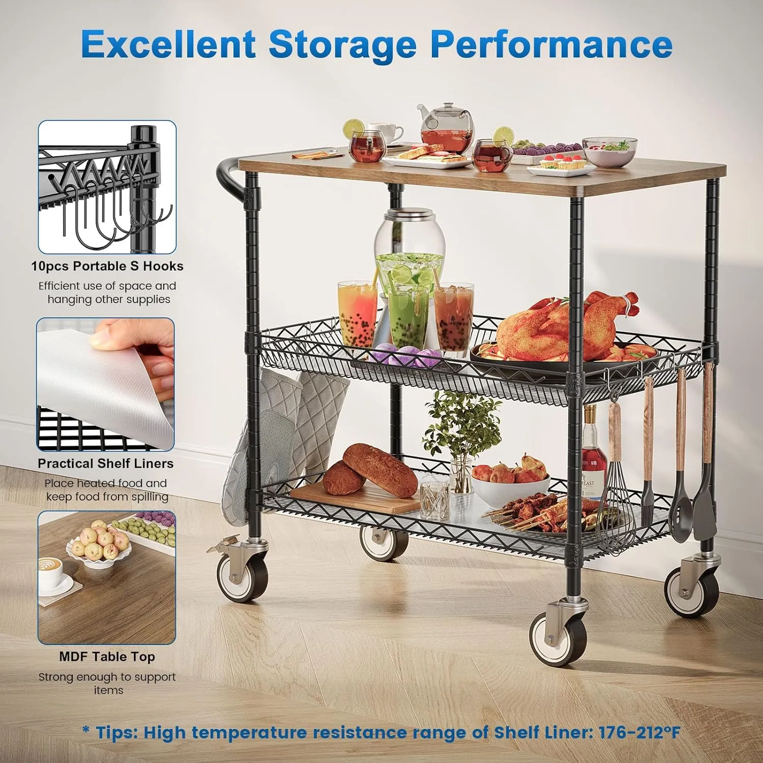 Leteuke Rolling Kitchen Carts with Wheels, 3 Tier Heavy Duty Rolling Utility Cart with Wood Tabletop, NSF Commercial Metal Cart with Handle and Shelf Liner,Trolley Serving Carts for Kitchen, Black