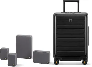 LEVEL8 Road Runner 20" Carry-On Luggage with Front Pocket plus 4 PC Organizer Packing Cubes - Black, 20-Inch Carry-On